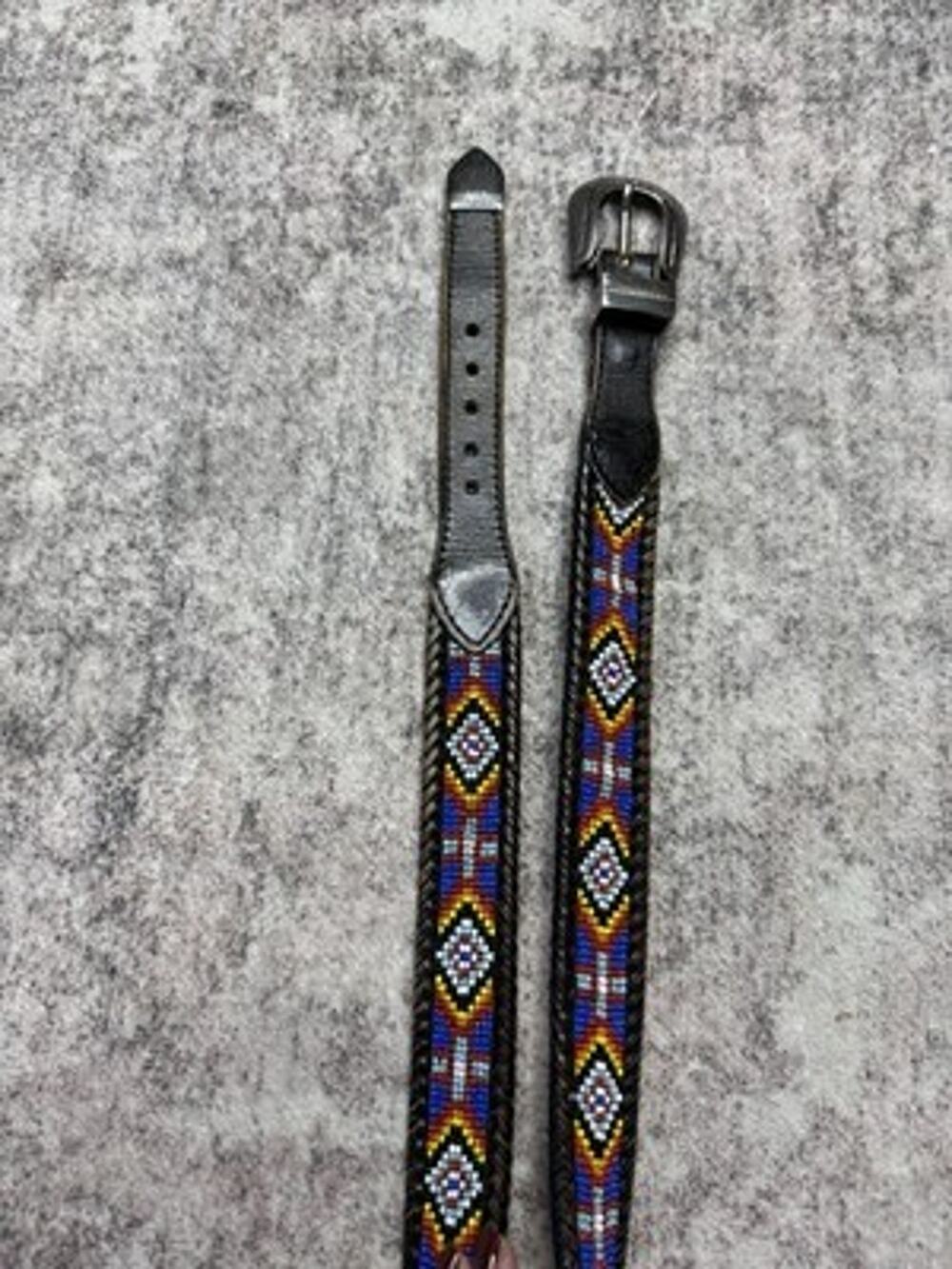 Vtg LL Bean 1991 Beaded Leather Belt Sz 30 Southwestern Western Boho Seed Bead